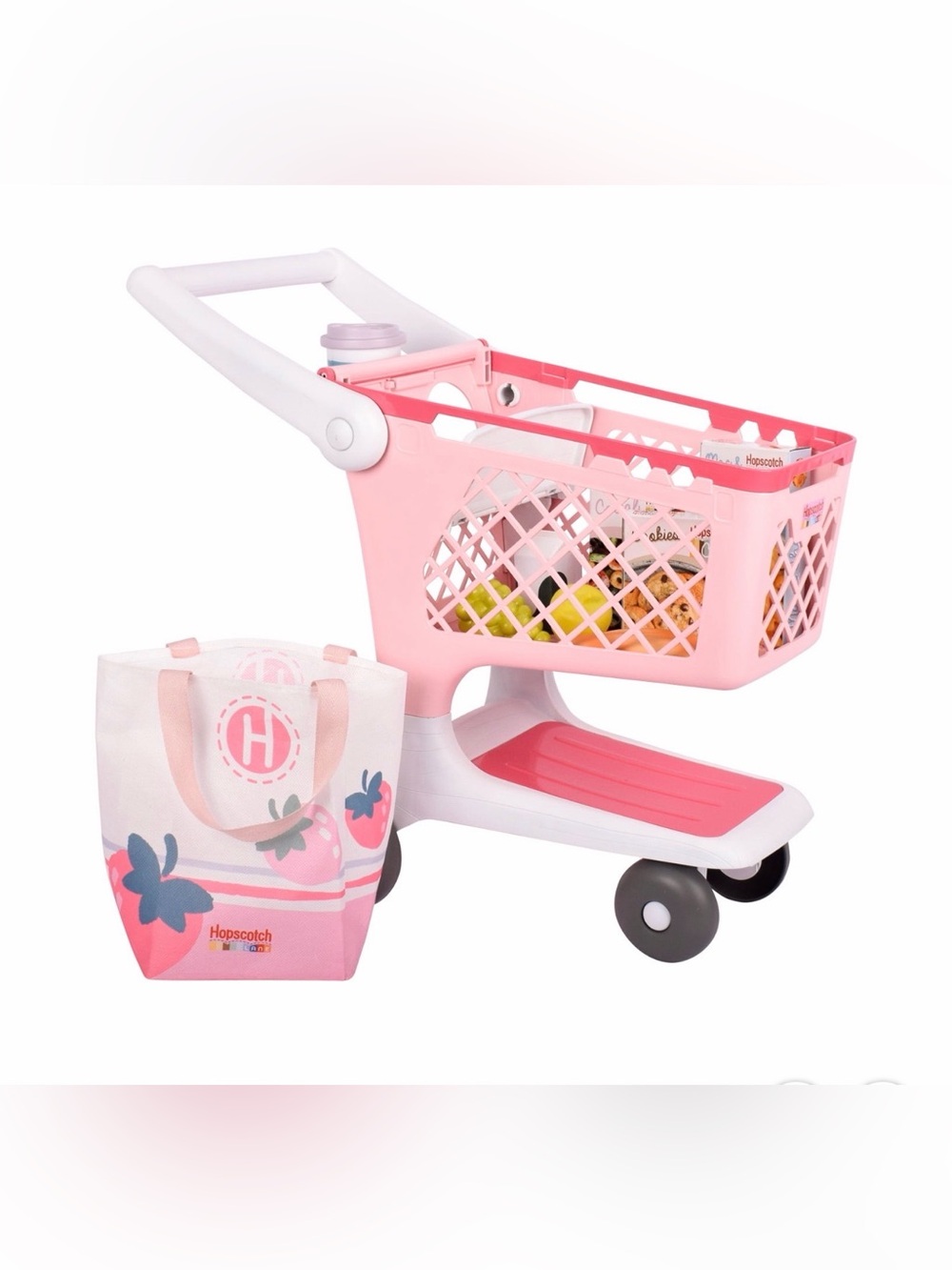 Pink Kids Play Shopping Cart with Tote Bag